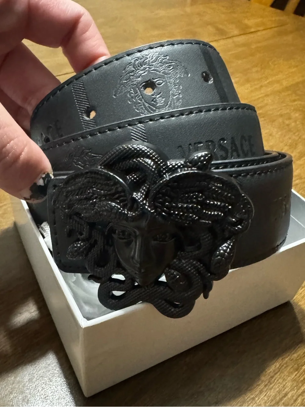 Versace Black Embossed Medusa Leather Belt with Black Medusa Buckle